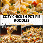 Creamy Chicken Pot Pie Skillet Noodles with tender chicken, vegetables, and egg noodles in a skillet. 26